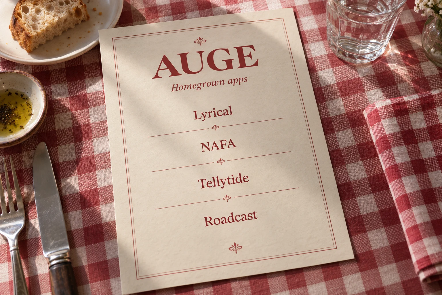 An AUGE menu listing Lyrical, NAFA, Tellytide and Roadcast on a family restaurant table