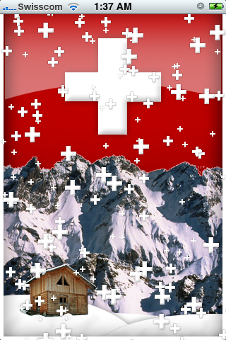 Original Crossy screenshot: white Swiss crosses floating over the snowy Alps and a chalet