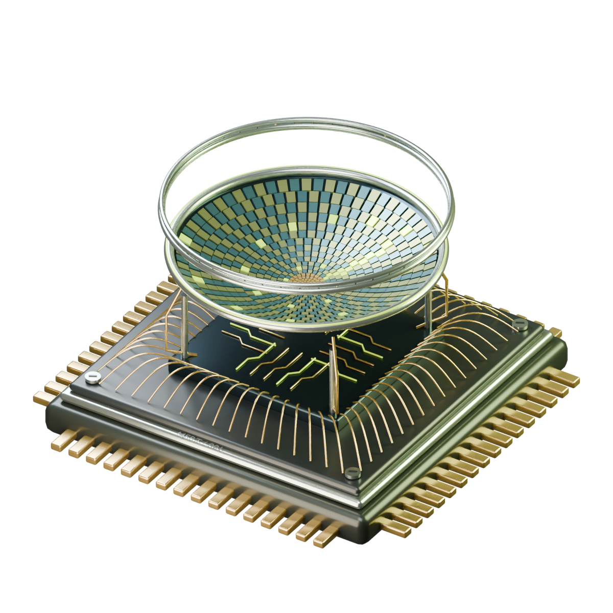 Conceptual neuromorphic chip with gold bond wires and an exploded silicon retina