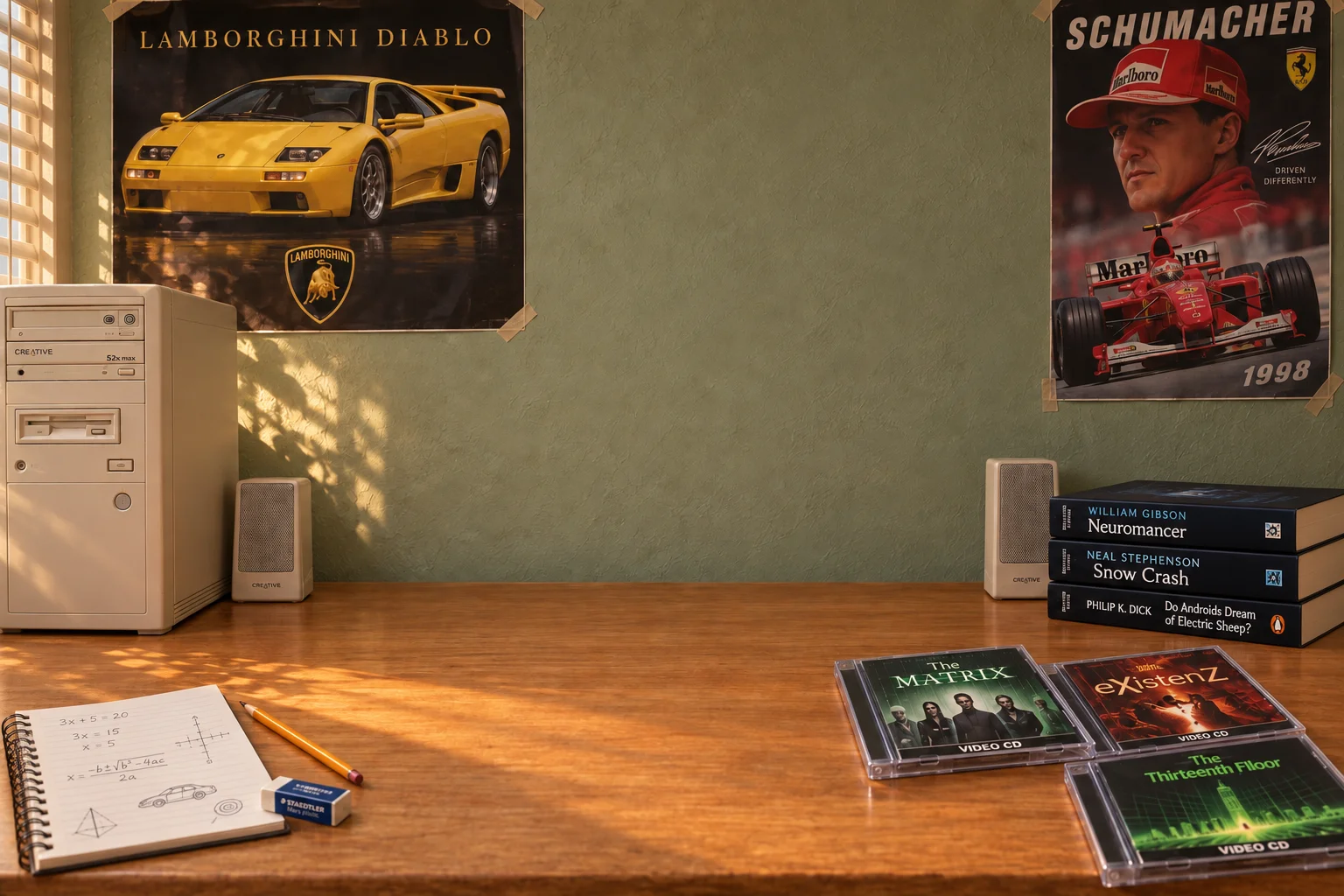 An interpretation of my teenage room, with Diablo and Schumacher posters, science fiction books and brand-new VCDs